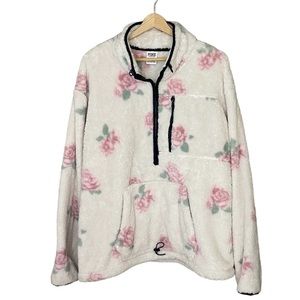 Victoria's Secret PINK Rose Print Floral Teddy Bear Fleece Sherpa Pullover Large